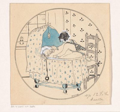 女孩想把婴儿从摇篮里抱出来 作者 A. Tinbergen（艺术家签名）