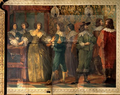 昂古莱姆公爵查尔斯·德·瓦卢瓦（Charles de Valois，1573-1650 年）的生活场景 - 查尔斯·德·瓦卢瓦 (Charles de Valois) 于 1644 年与他的第二任妻子结婚时的派对场景 - 一名朝臣走近一名女子，想把她放 衣领 - Abrah 的壁画 作者 亚伯拉罕（继）博塞