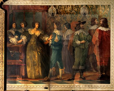 昂古莱姆公爵查尔斯·德·瓦卢瓦（Charles de Valois，1573-1650 年）的生活场景 - 查尔斯·德·瓦卢瓦 (Charles de Valois) 于 1644 年与他的第二任妻子结婚时的派对场景 - 一名朝臣走近一名女子，想把她放 衣领 - Abrah 的壁画 作者 亚伯拉罕（继）博塞