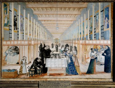 奥地利的安妮（1601-1666 年）、西班牙国王、法国女王和纳瓦拉的安妮访问巴黎期间的慈善医院（慈善医院也称为圣让德迪厄兄弟医院）。 未来的国王海豚路易十四也是代表 作者 亚伯拉罕（继）博塞