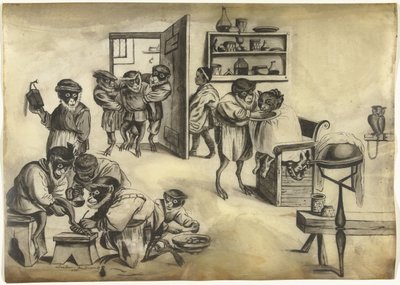 带猴子的理发店，约 1720 年 作者 亚伯拉罕·巴斯蒂安兹。