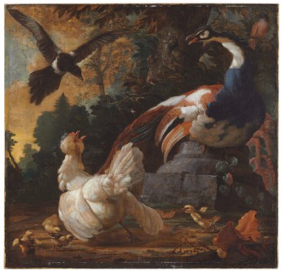 孔雀，家禽和喜in景观，1720年 作者 亚伯拉罕·比绍普（Abraham Bisschop）