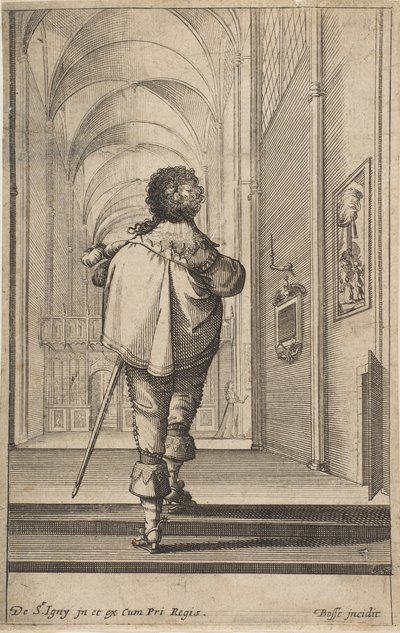 从后面看到的绅士走进教堂，大约。 1629。 作者 亚伯拉罕·博斯（Abraham Bosse）