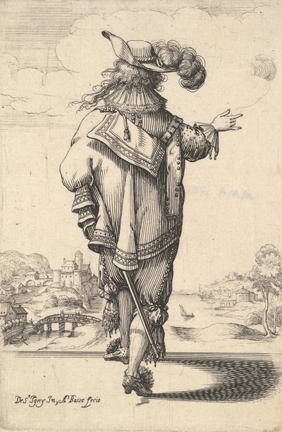 1629年，一位绅士戴一顶蓬松的帽子，手持一把剑，从后面看，他的右臂伸出来.... 作者 亚伯拉罕·博斯（Abraham Bosse）