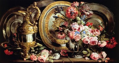 银器和花朵静物，亚伯拉罕·勃鲁盖尔（Abraham Brueghel，1631-1697）画，面板油画 作者 亚伯拉罕·布鲁格