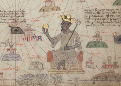 加泰罗尼亚地图集的详细资料，第6页，显示曼萨·穆萨（Mansa Musa）登基，1375年 作者 亚伯拉罕·克雷斯克斯