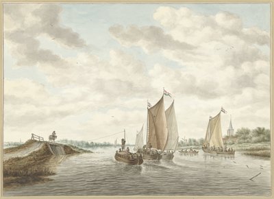有几艘驳船的河流景观 作者 所罗门·范·鲁伊斯黛尔（Salomon van Ruysdael）
