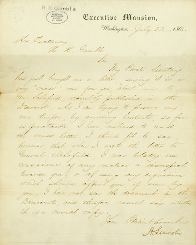 1863年7月23日在华盛顿行政大楼给H.R.甘布尔阁下的信，署名A.林肯 作者 亚伯拉罕·林肯
