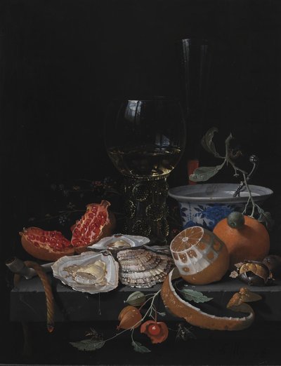 石桌上的牡蛎、水果和酒杯 作者 亚伯拉罕·米尼翁（Abraham Mignon）