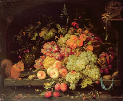 静物与水果，松鼠和金翅雀 作者 Abraham Mignon