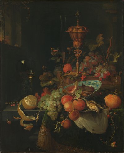 鸡脚上的水果和烧杯静物画 作者 亚伯拉罕·米尼翁（Abraham Mignon）