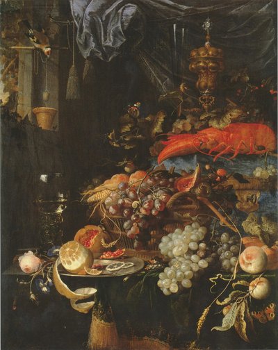 静物画：水果、龙虾和金翅雀 作者 亚伯拉罕·米尼翁（Abraham Mignon）