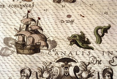 攻击大帆船（caravel）的海洋怪物。 亚伯拉罕·奥特柳斯 (Abraham Ortelius) 于 1584 年在安特卫普创作的“Theatrum Orbis Terrarum”中的地图细节。 作者 Abraham Ortelius