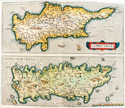 塞浦路斯岛 - Candia, olim Creta 地中海岛屿塞浦路斯和希腊克里特岛的地理地图来自亚伯拉罕·奥尔特留斯（Oertel、Ortell 或 Ortel）的“Theatrum Orbis Terrarum” 作者 Abraham Ortelius