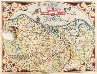 描述 德国 荷兰领土的下地理地图来自 Gerard Mercator（Oertel、Ortello 或 Ortel）的日耳曼“地图集” 作者 亚伯拉罕·奥特里乌斯（Abraham Ortelius）