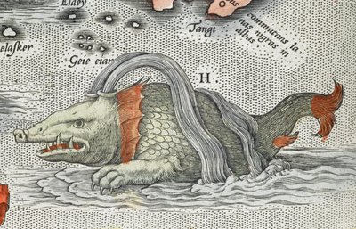Typus orbis terrarum]（画册主标题，包含 90 幅地图）中的海怪细节 作者 亚伯拉罕·奥特里乌斯（Abraham Ortelius）
