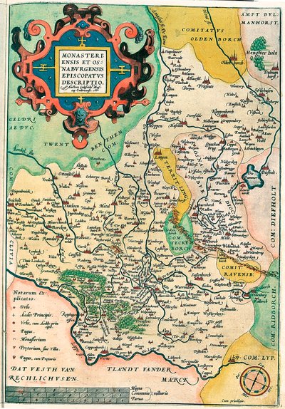 East, Munster, and Osnaburgensis Episcopal Description 德国弗兰肯地理地图，来自 Gerard Mercator (Oertel, Ortello or Ortel) 的“Atlas” 作者 亚伯拉罕·奥特里乌斯（Abraham Ortelius）