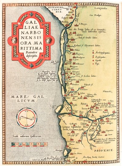 Galliae Narbonensis 或 Marittima 中心描述 纳博讷领土的地理地图，从纳博讷市到马赛，途经贝济耶、蒙彼利埃、阿尔勒......取自亚伯拉罕·奥特留斯（奥特尔、奥特尔或奥尔）的“Theatrum Orbis Terrarum” 作者 Abraham Ortelius