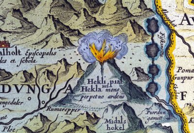 冰岛赫克拉火山。 亚伯拉罕·奥特柳斯地图集，阿姆斯特丹，1588 年。 作者 Abraham Ortelius