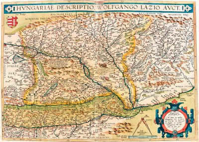 匈牙利语描述，Wolfgango Lazio 拍卖。 从“Theatrum Orbis Terrarum”中的匈牙利领土地理地图，亚伯拉罕·奥尔特留斯（Oertel、Ortell 或 Ortel 作者 Abraham Ortelius