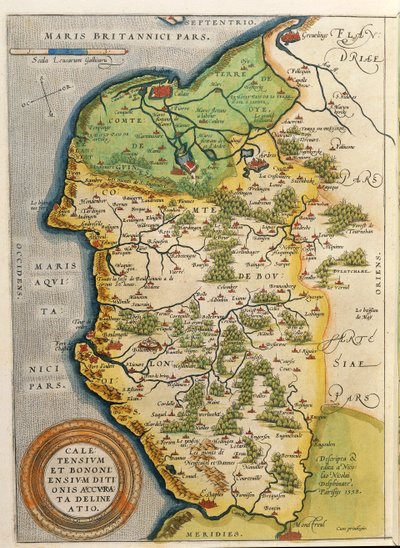 加来地区的地图，来自亚伯拉罕-奥特留斯的Theatrum Orbis Terrarum。 作者 Abraham Ortelius