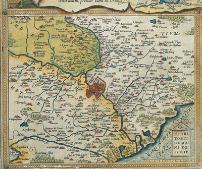 拉齐奥地区的地图，出自亚伯拉罕-奥特留斯的《奥比斯地球地图》。 作者 Abraham Ortelius