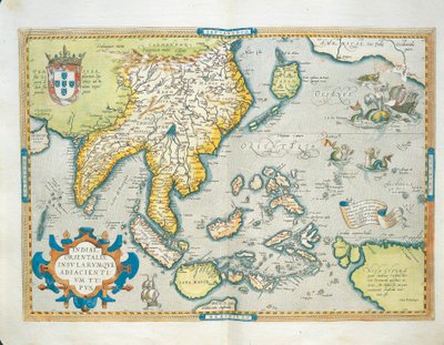 印度群岛地图，出自亚伯拉罕-奥特留斯的《奥比斯地球地图》。 作者 Abraham Ortelius