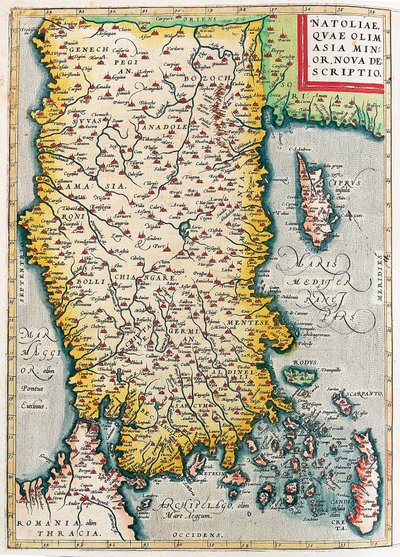 Natoliae, Quae Olim 小亚细亚新星描述 小亚细亚领土（伊斯坦布尔和土耳其以及罗得岛和塞浦路斯岛）的地理地图来自亚伯拉罕·奥特留斯（Oertel、Ortell 或 Ortel）的“Theatrum Orbis Terrarum” 作者 Abraham Ortelius
