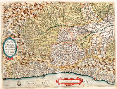 Vicinorumque Piedmont 地区 Auctore Castaldo 描述。 意大利领土从摩纳哥到法国的地理地图，从杰拉德·墨卡托 (Gerard Mercator) 的《阿特拉斯》(Atlas) 中，从萨沃纳 (Savona) 和热那亚 (Genoa) 穿过帝国各省的基因 ( 作者 亚伯拉罕·奥特里乌斯（Abraham Ortelius）