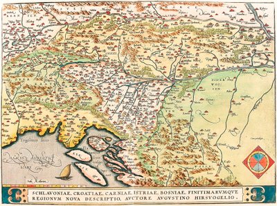 Schlavoniae, Croatiae, Carniae, Istriae, Bosniae, Finitimarumque Regionum Nova Descriptio, Auctore Augustino Hirsuogelio 斯拉沃尼亚、克罗地亚、波斯尼亚和达尔马提亚领土的地理图，出自亚伯拉罕-奥特留斯的《Theatrum Orbis Terrarum》（奥特留斯。 作者 Abraham Ortelius