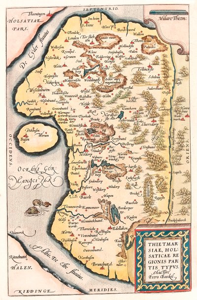 Thietmarsiae, Holsaticae regionis 缔约方 typus 德国北部的地理地图与 Kuden 市从“Theatrum Orbis Terrarum”中取自亚伯拉罕·奥尔特留斯 (Oertel, Ortell 或 Ortel 作者 Abraham Ortelius