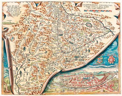 Salisburgensis 城市地理地图从 Gerard Mercator (Oertel, Ortello 或 Ortel 作者 亚伯拉罕·奥特里乌斯（Abraham Ortelius）