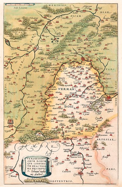 Veromanuorum 那些限制 Accurssima 描述 Vermandois 和 Picardy 在高卢（法国）领土的地理地图来自 Gerard Mercator（Oertel，Ortello 或 Ortel）的“地图集” 作者 亚伯拉罕·奥特里乌斯（Abraham Ortelius）