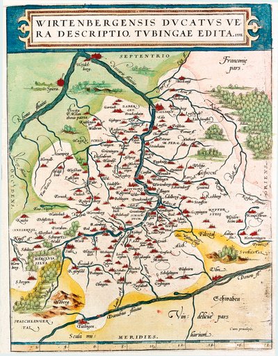 Wirtenbergensis Ducatus Vera descriptio, Tubingae edita 1558 德国巴登符腾堡 (Baden Wuerttemberg) 领土地理地图取自亚伯拉罕·奥特留斯 (Oertel、Ortell 或 Ortel) 的“Theatrum Orbis Terrarum” 作者 Abraham Ortelius