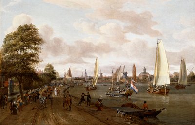 在Buiten-Amstel上的驳船和小型船使阿姆斯特丹全景， 作者 亚伯拉罕·斯托克