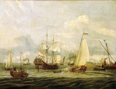 俄罗斯沙皇彼得大帝（1672-1725 年）在阿姆斯特丹（荷兰）视察船只。亚伯拉罕-斯托克（1635-1710 年）的布面油画。 作者 亚伯拉罕·斯托克