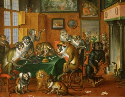 Tabakskollegium von Affen -猴子的吸烟聚会......（铜板油画） 作者 亚伯拉罕·特尼尔（Abraham Teniers）