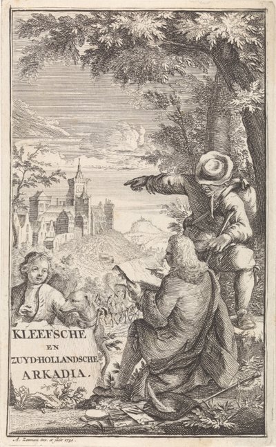 旅行者绘制克莱夫斯城
扉页：C. Bruin，《Kleefsche en Zuid-Hollandsche Arkadia》（......），1730 年 作者 亚伯拉罕·泽曼