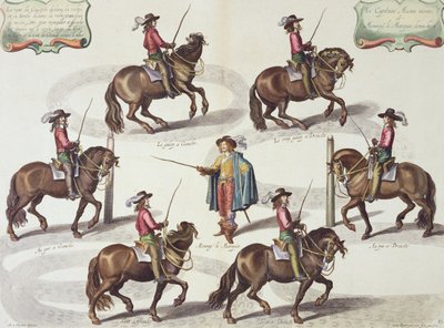 威廉·卡文迪什（1592-1676）纽卡斯尔侯爵，由卢卡斯·沃夫雕刻的纽卡斯尔船长给马兹船长提供骑马课程的第15页，来自The Method and New Invention of Dressing Horses 作者 亚伯拉罕·范·迪彭贝克