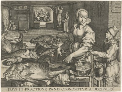 厨房作品，女人在洗鱼
Iesus in fractione panis cognoscitur a discipulis（物品上的标题） 作者 彼得·埃森（Pieter Aertsen）