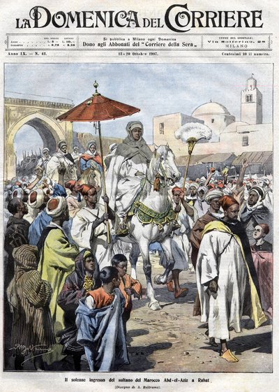 阿卜杜勒-阿齐兹（al-Hasan Mohamed al-Hasani al-Alaoui）于1907年10月进入摩洛哥的拉巴特（马拉喀什 作者 阿基里·贝尔特拉姆（Achille Beltrame）