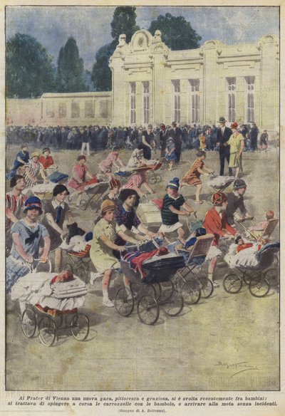 在维也纳普拉特（Vienna Prater），最近在儿童中进行了一场新的，风景如画，亲切的比赛？ 作者 Achille Beltrame