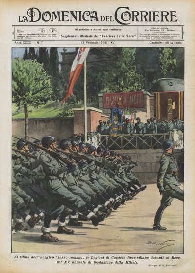 在充满活力的罗马步伐的节奏下，黑衣军团在Duce之前游行？ 作者 Achille Beltrame