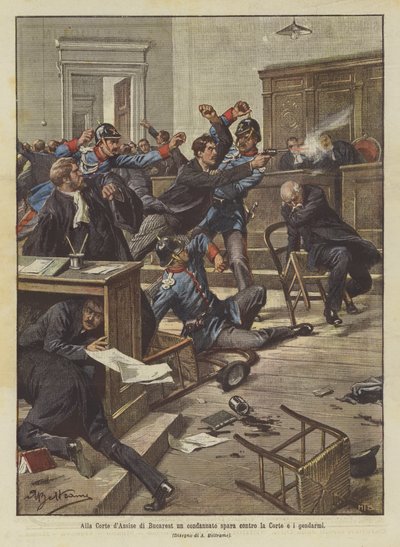 在布加勒斯特的Assizes法院，一名罪犯向法院和宪兵开枪 作者 Achille Beltrame