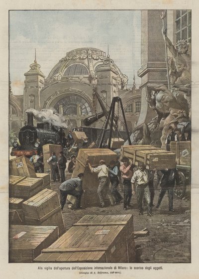 在米兰国际展览开幕前夕，卸货的对象 作者 Achille Beltrame