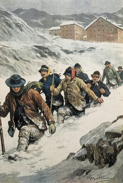 贝尔特梅，阿基里斯（1871-1945）。意大利工人穿越奥斯塔和瑞士之间的圣伯纳德山口。"La Domenica del Corriere "的封面。02/14/1904.文学作品。 作者 阿基里·贝尔特拉姆（Achille Beltrame）