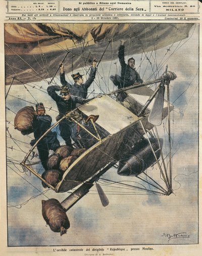 共和国号飞艇在法国Moulins附近发生的灾难，Achille Beltrame的插图，来自La Domenica del Corriere，10月3-10日 作者 阿基里·贝尔特拉姆（Achille Beltrame）