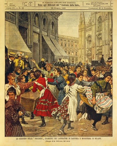 儿童罢工在米兰的制衣和女帽作坊中被称为 Piscinine，作者 Achille Beltrame，插图，插画家 Achille Beltrame（1871-1945），来自 La Domenica del Corriere，1902 年 6 月 29 日 作者 阿基里·贝尔特拉姆（Achille Beltrame）