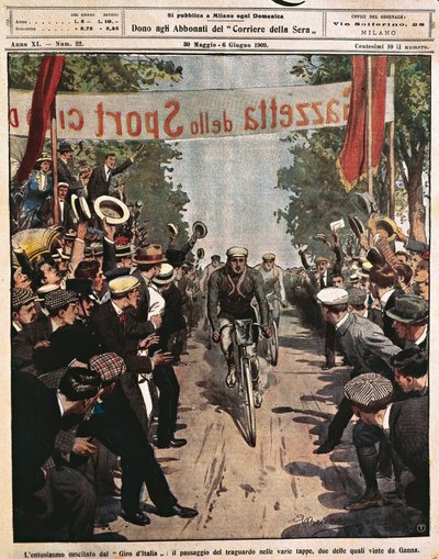 环意自行车赛上的自行车手，Luigi Ganna在赛段到达时，Achille Beltrame的插图来自La Domenica del Corriere，5月30日 作者 阿基里·贝尔特拉姆（Achille Beltrame）