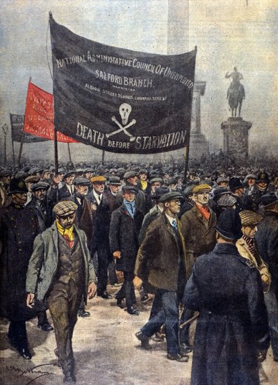 未成年人罢工的示威活动。伦敦，1922年。插图：Achille Beltrame。"La Domenica del Corriere"。 作者 阿基里·贝尔特拉姆（Achille Beltrame）